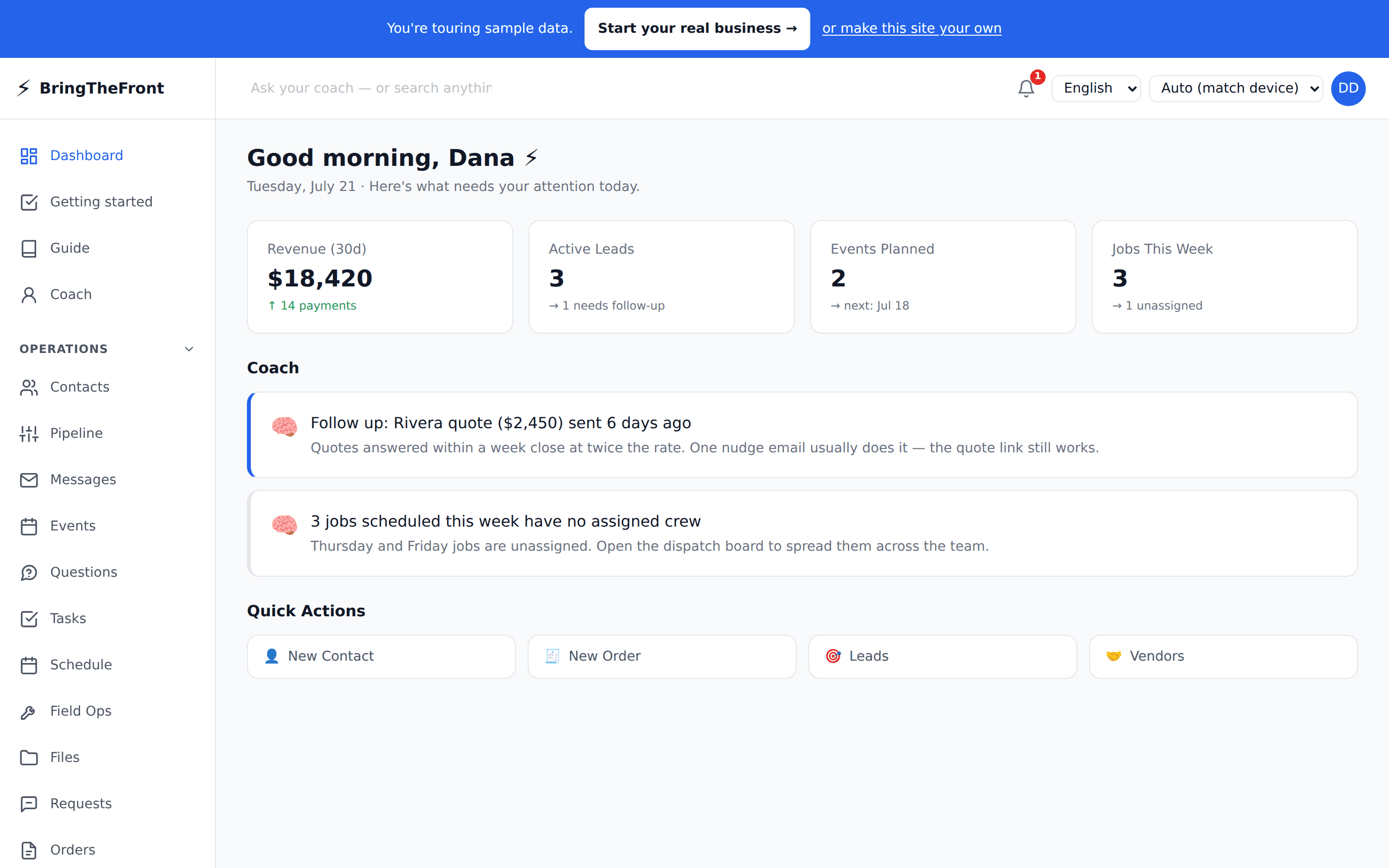 Operator dashboard showing the day’s summary and outstanding items