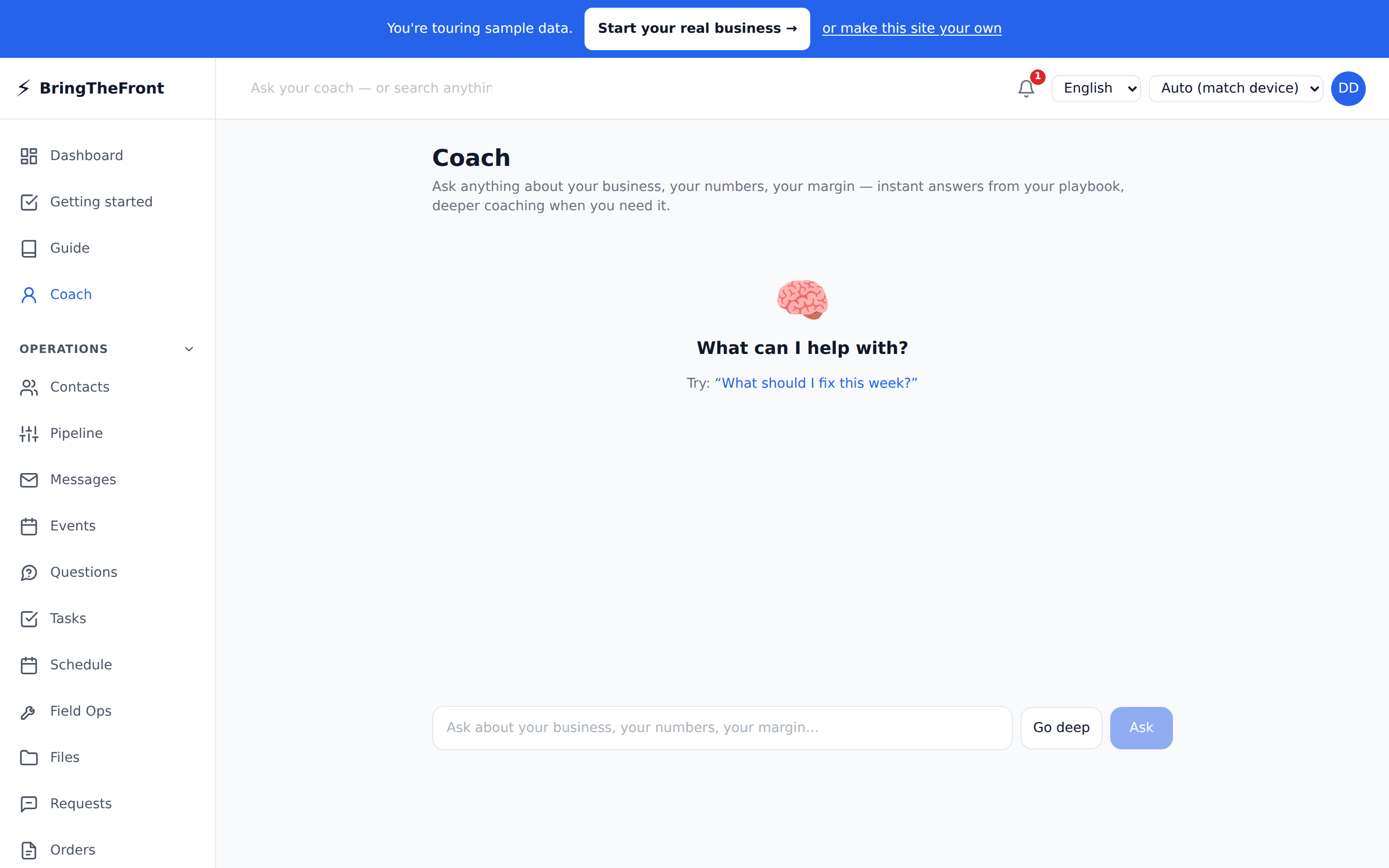 AI coach panel with business insights and recommended actions