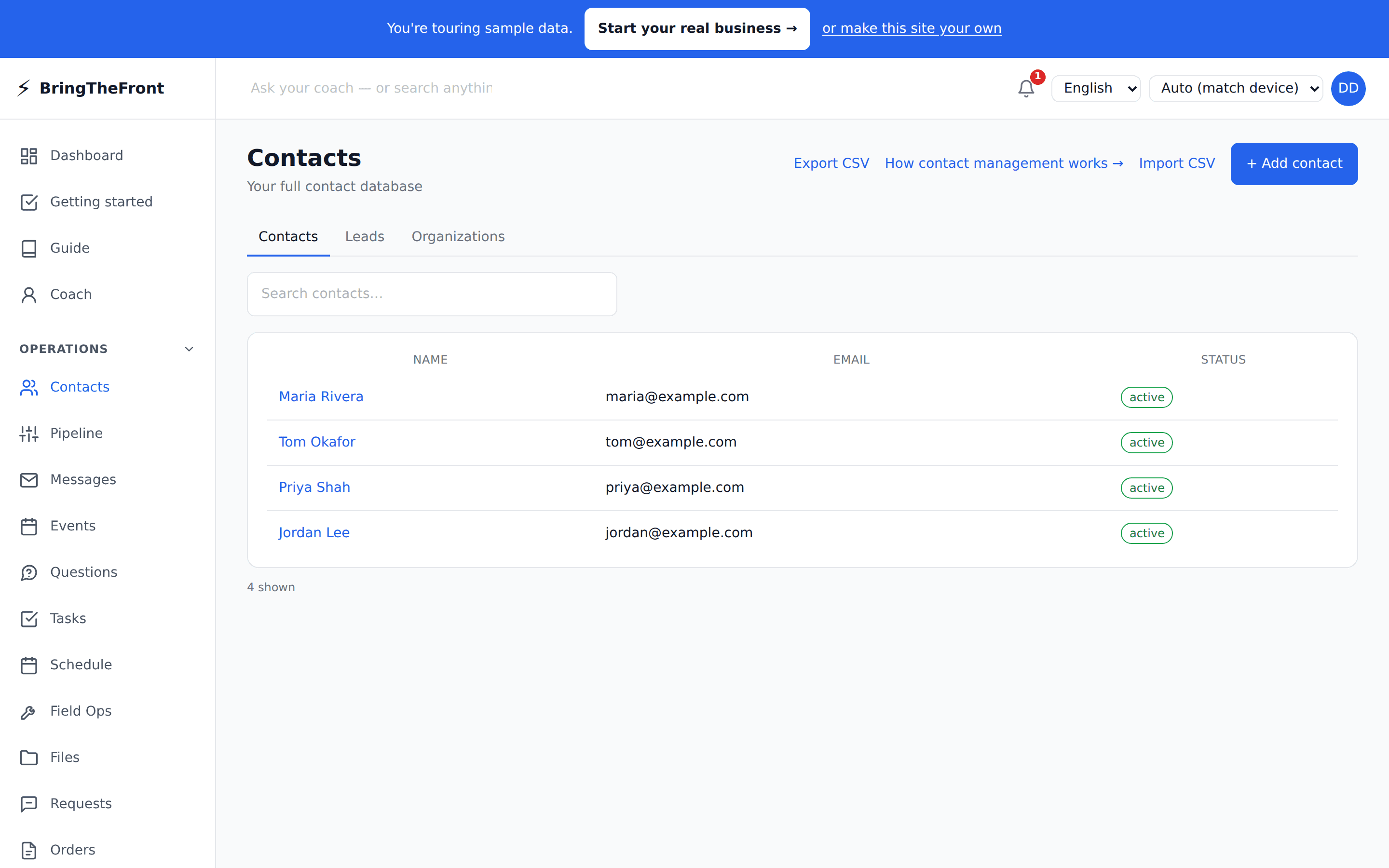 Contact record showing full customer timeline