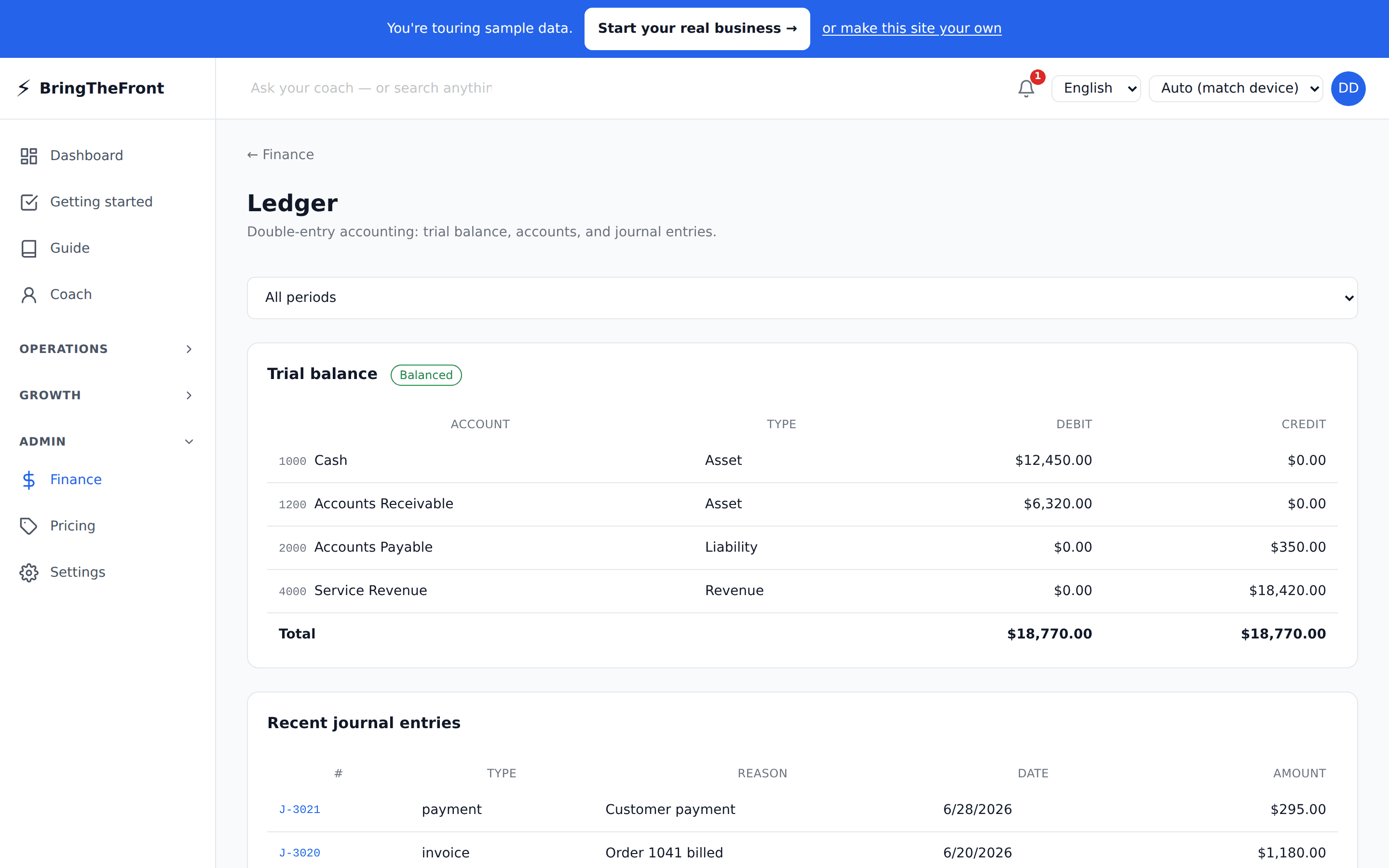 Finance screen showing ledger and accounting records