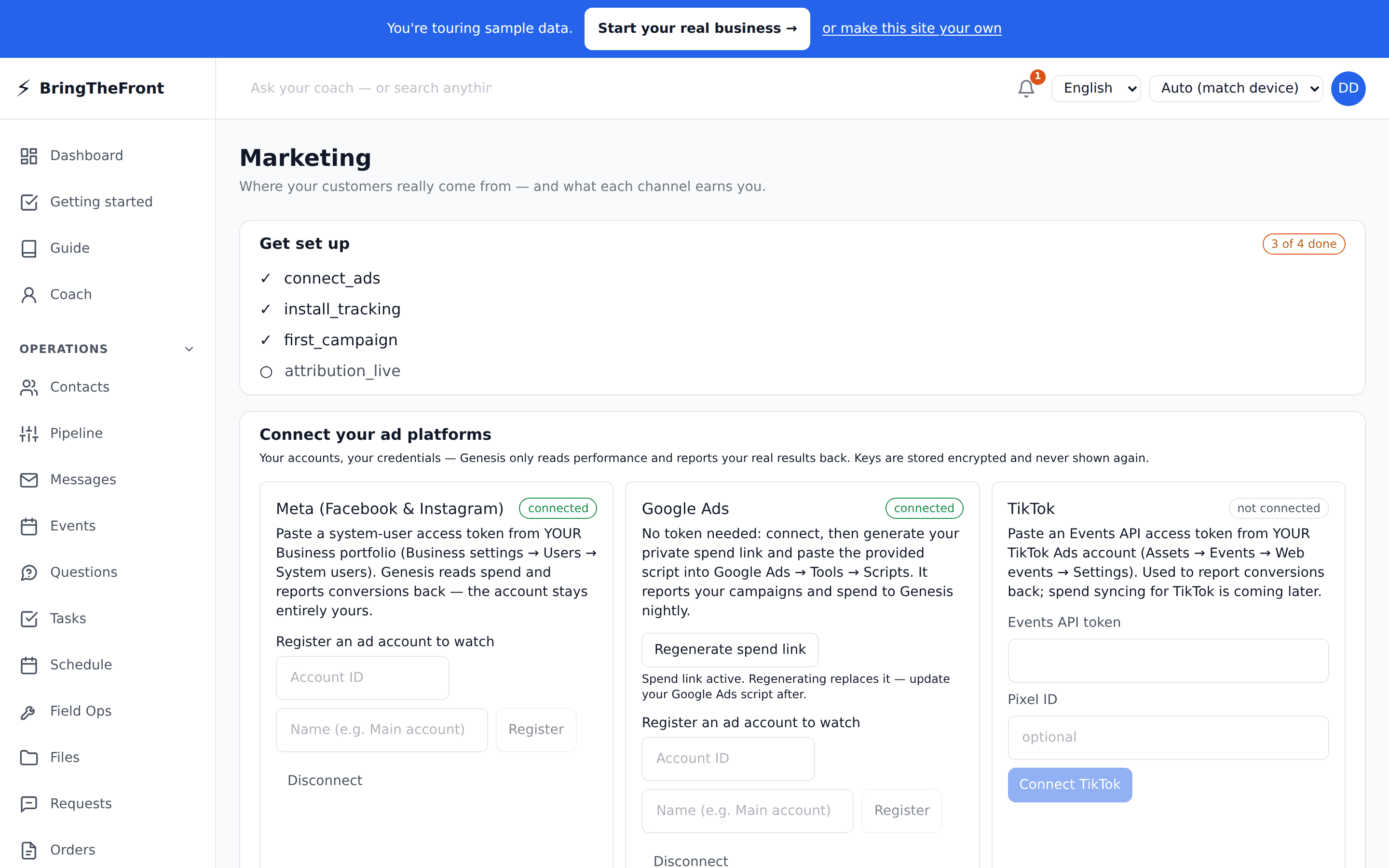 Marketing screen with campaign performance