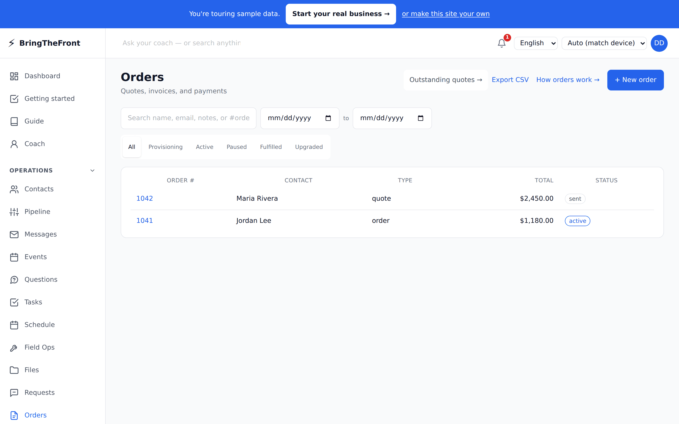 Order and invoice detail screen