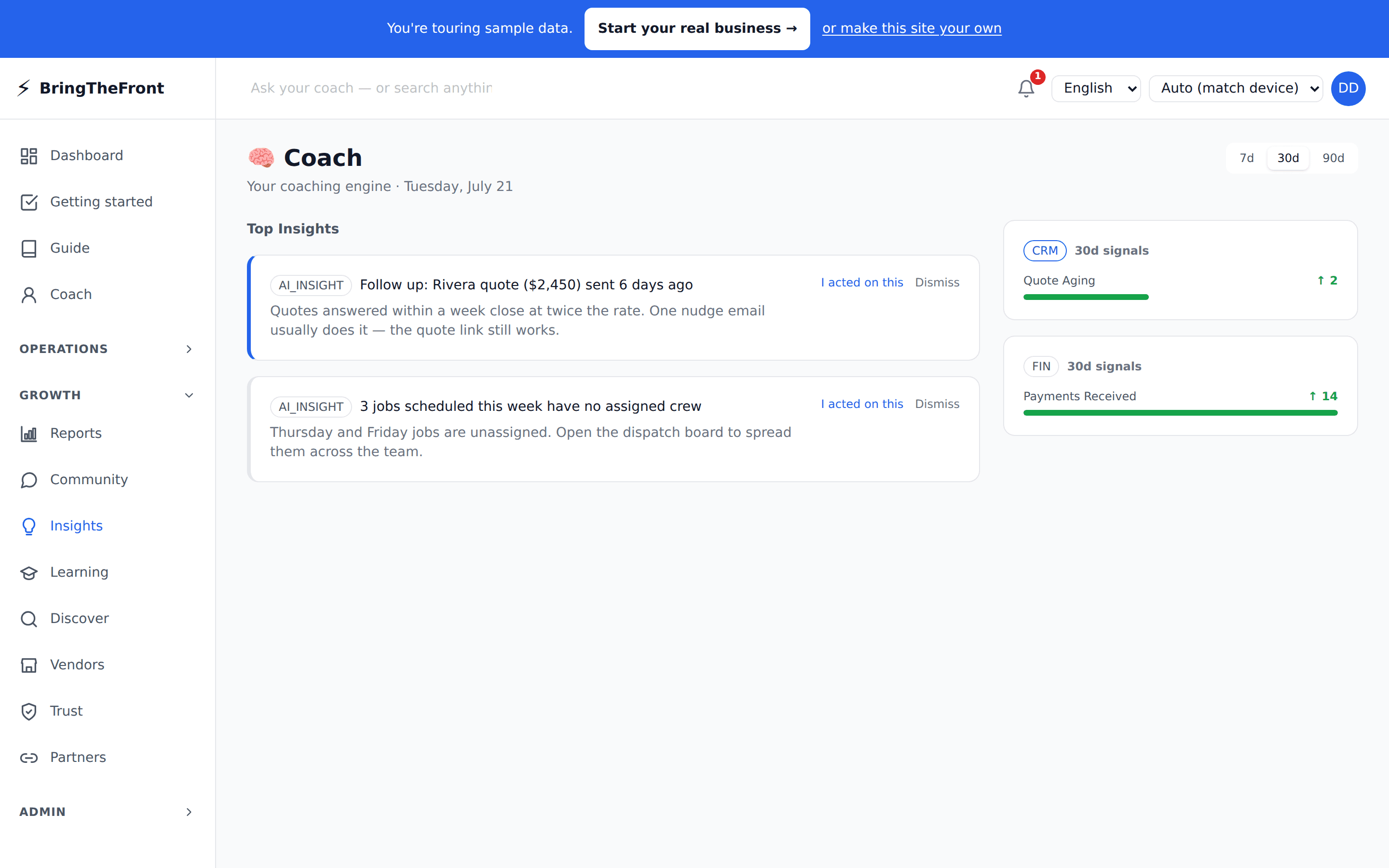 AI insight screen surfacing business signals