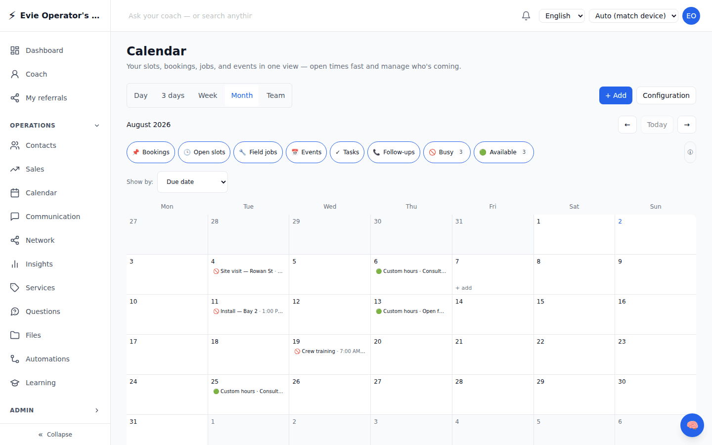 Operator calendar in month view: day, 3-day, week, month and team view tabs; filter chips for bookings, open slots, field jobs, events, tasks, follow-ups, busy and available; and a month grid with scheduled work on several days